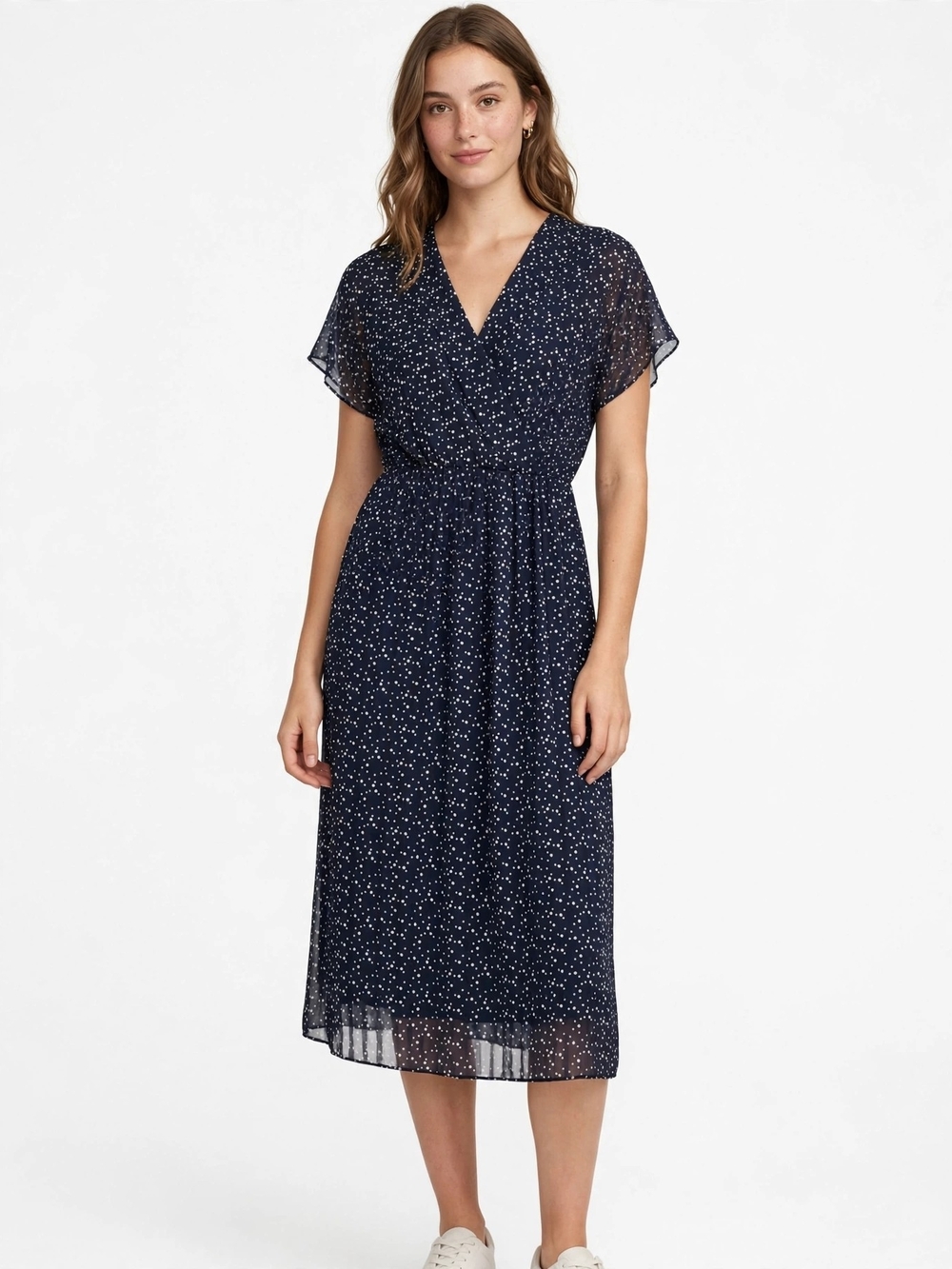 Dex Navy Midi Dress with White Dot Print